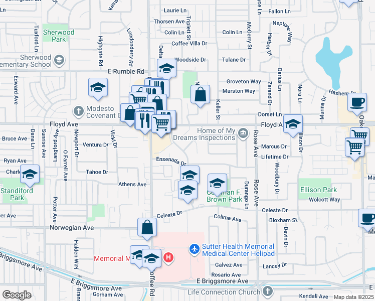 map of restaurants, bars, coffee shops, grocery stores, and more near 1420 Chapala Way in Modesto