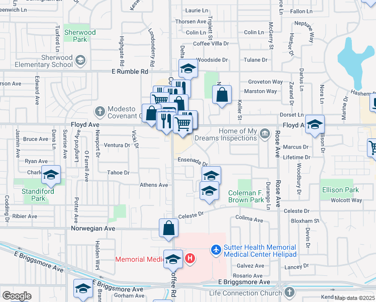 map of restaurants, bars, coffee shops, grocery stores, and more near 2400 Coffee Road in Modesto