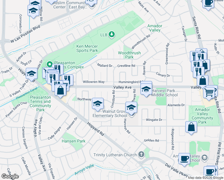 map of restaurants, bars, coffee shops, grocery stores, and more near 2402 Crestline Road in Pleasanton