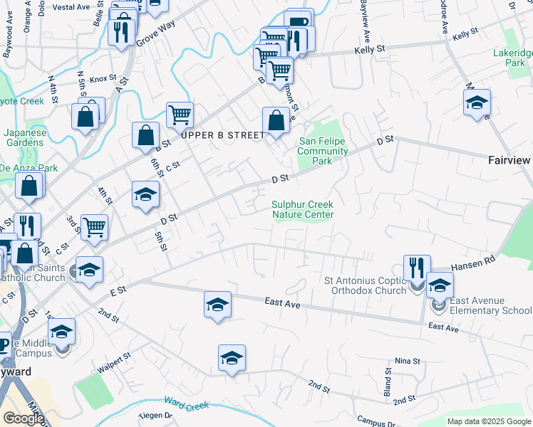 map of restaurants, bars, coffee shops, grocery stores, and more near 1791 Antelope Court in Hayward