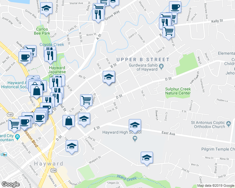 map of restaurants, bars, coffee shops, grocery stores, and more near 1591 Ward Street in Hayward
