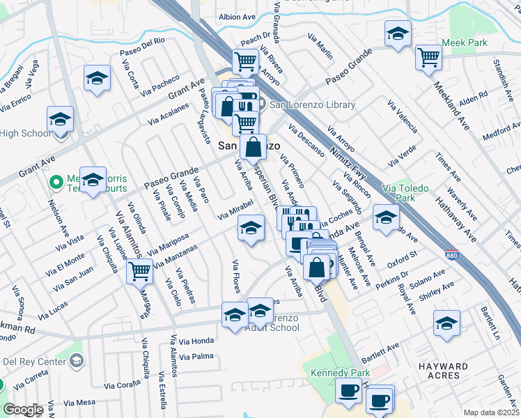 map of restaurants, bars, coffee shops, grocery stores, and more near 16169 Hesperian Boulevard in San Lorenzo