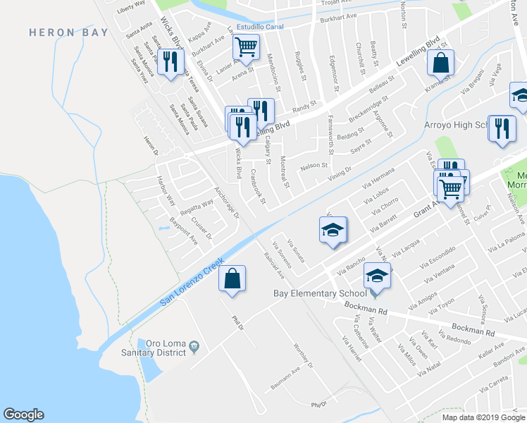 map of restaurants, bars, coffee shops, grocery stores, and more near 15660 Cranbrook Street in San Leandro