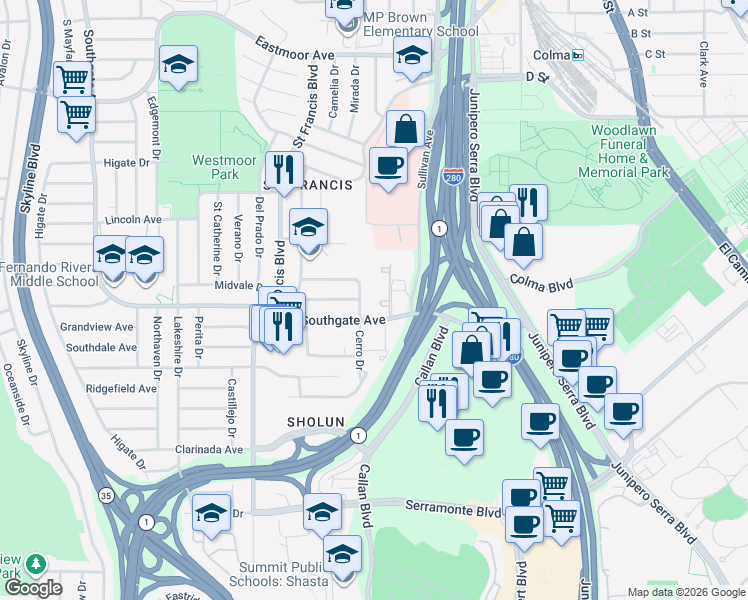 map of restaurants, bars, coffee shops, grocery stores, and more near 107 Cerro Drive in Daly City