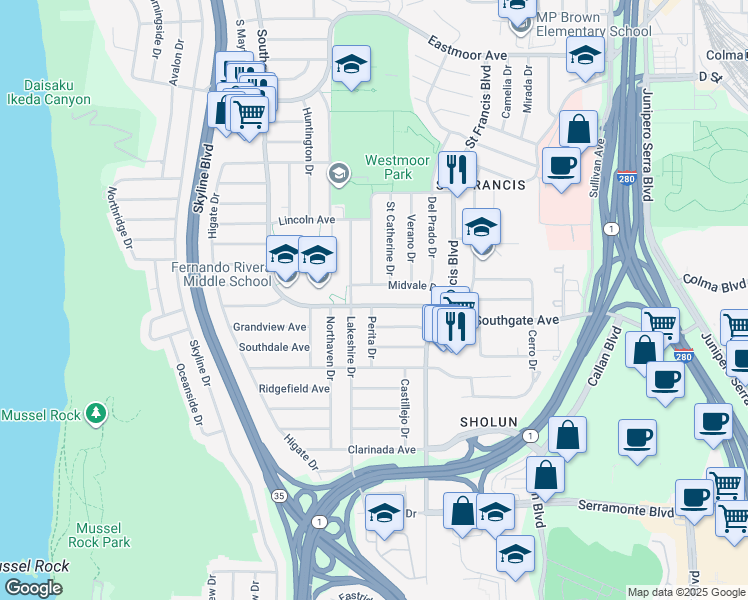 map of restaurants, bars, coffee shops, grocery stores, and more near 299 Mariposa Avenue in Daly City