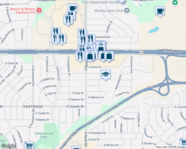 map of restaurants, bars, coffee shops, grocery stores, and more near 8019 East Orme Street in Wichita