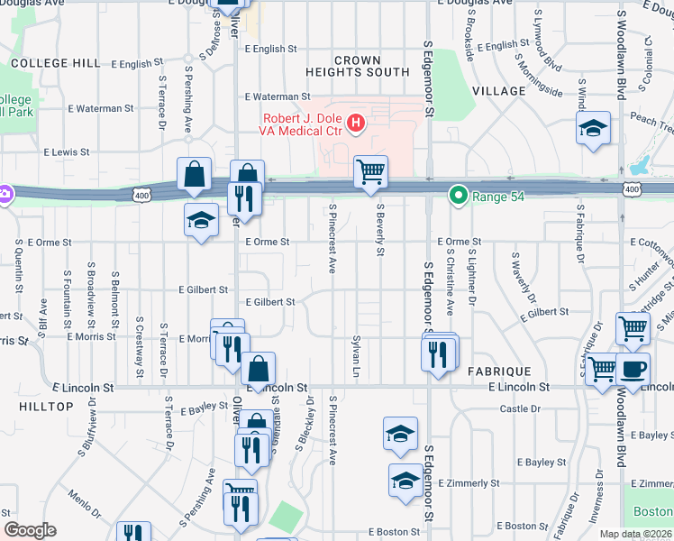 map of restaurants, bars, coffee shops, grocery stores, and more near 611 Sylvan Lane in Wichita