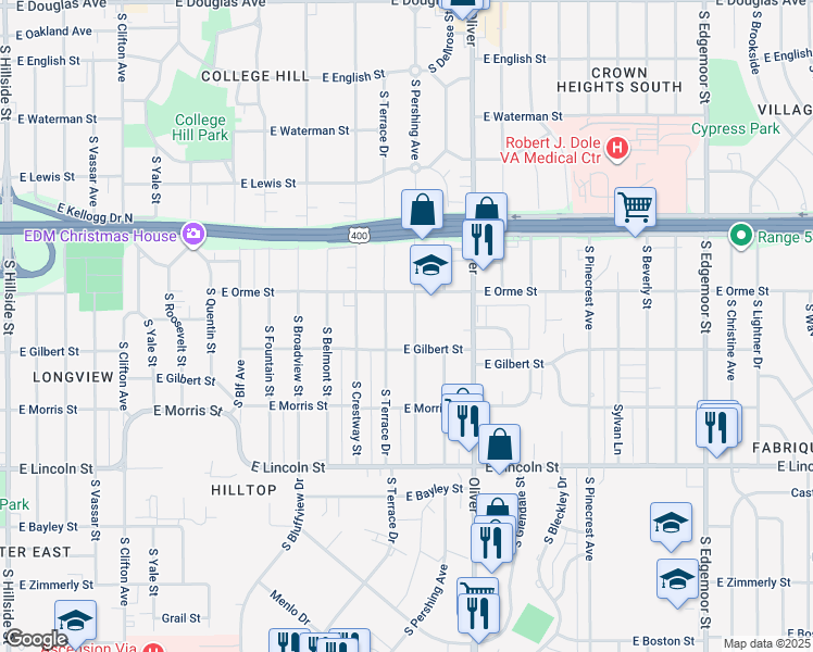 map of restaurants, bars, coffee shops, grocery stores, and more near in Wichita