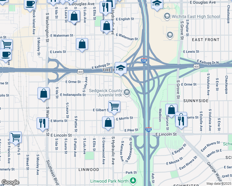 map of restaurants, bars, coffee shops, grocery stores, and more near 610 South Hydraulic Avenue in Wichita