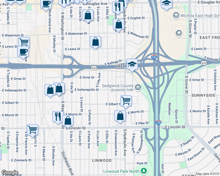 map of restaurants, bars, coffee shops, grocery stores, and more near 615 Ellis South in Wichita