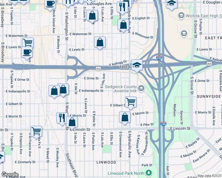 map of restaurants, bars, coffee shops, grocery stores, and more near 615 Ellis South in Wichita