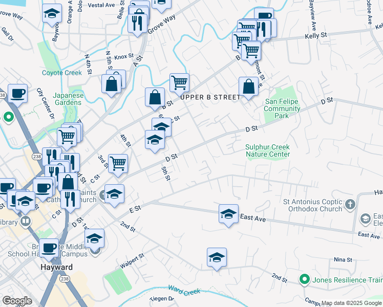 map of restaurants, bars, coffee shops, grocery stores, and more near 1621 D Street in Hayward
