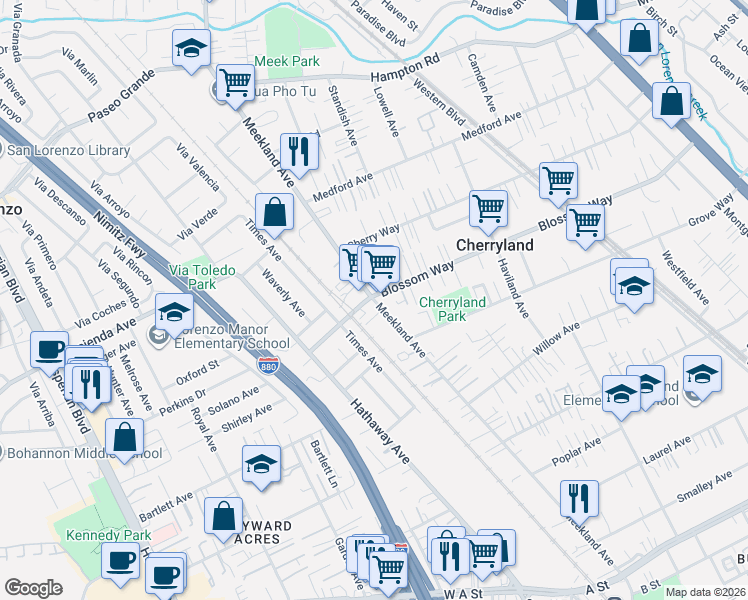 map of restaurants, bars, coffee shops, grocery stores, and more near 156 Blossom Way in Hayward