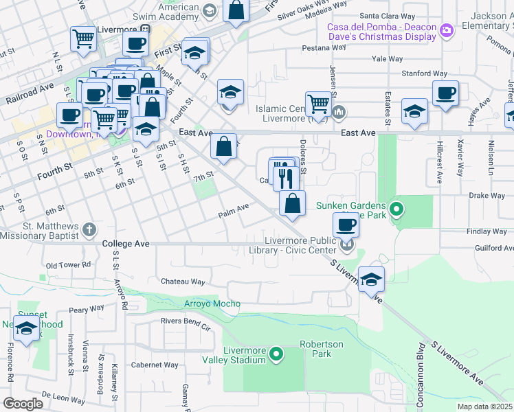 map of restaurants, bars, coffee shops, grocery stores, and more near 905 South Livermore Avenue in Livermore