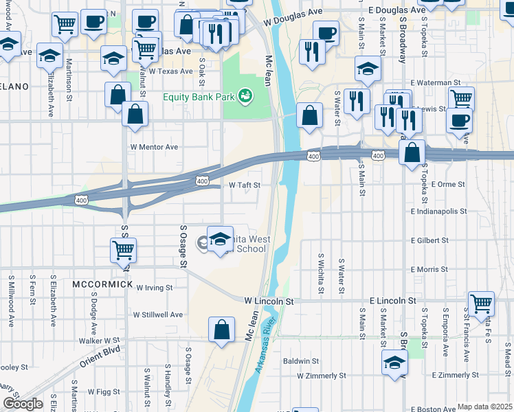 map of restaurants, bars, coffee shops, grocery stores, and more near 801 S McLean Blvd in Wichita
