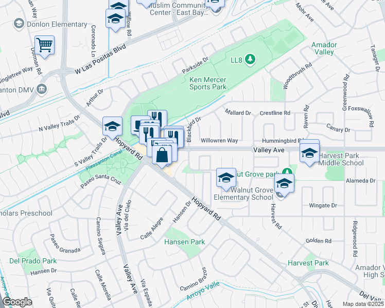 map of restaurants, bars, coffee shops, grocery stores, and more near 5869 Northway Road in Pleasanton