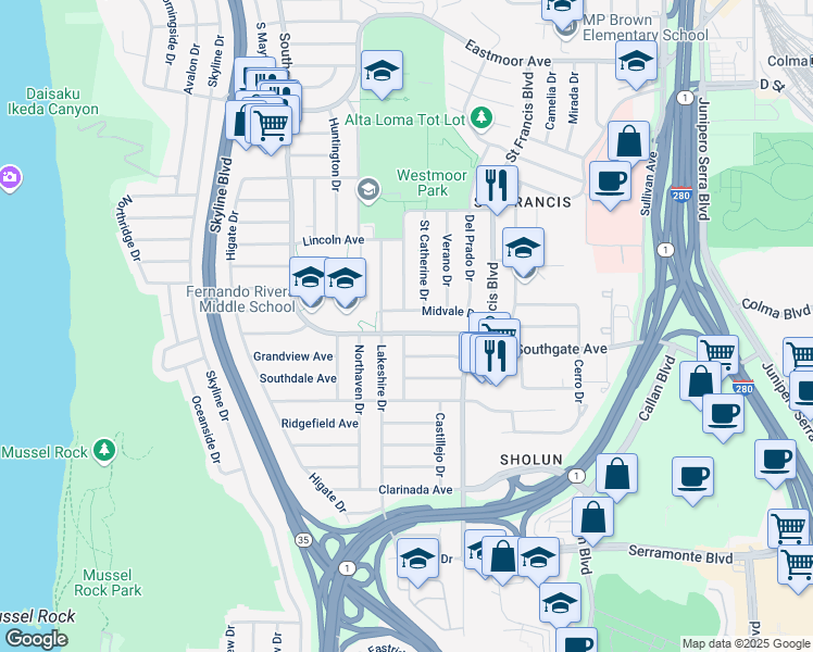 map of restaurants, bars, coffee shops, grocery stores, and more near 299 Mariposa Avenue in Daly City