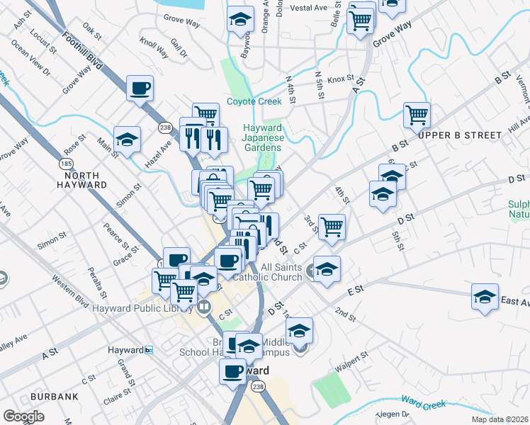 map of restaurants, bars, coffee shops, grocery stores, and more near 1213 A St in Hayward