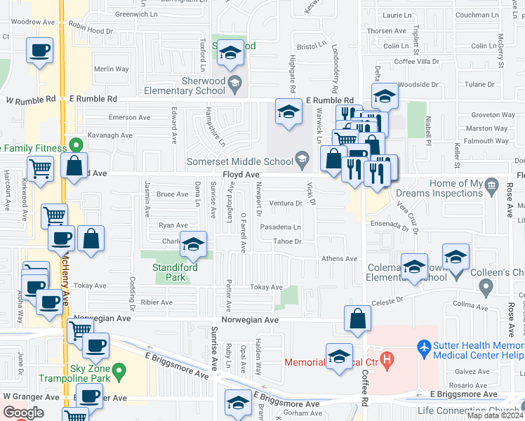 map of restaurants, bars, coffee shops, grocery stores, and more near 2316 Newport Drive in Modesto