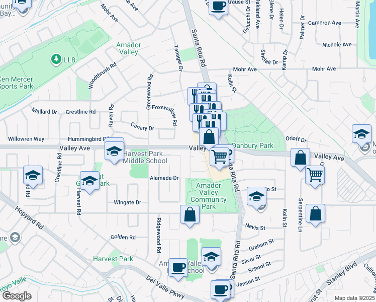 map of restaurants, bars, coffee shops, grocery stores, and more near 4307 Valley Avenue in Pleasanton