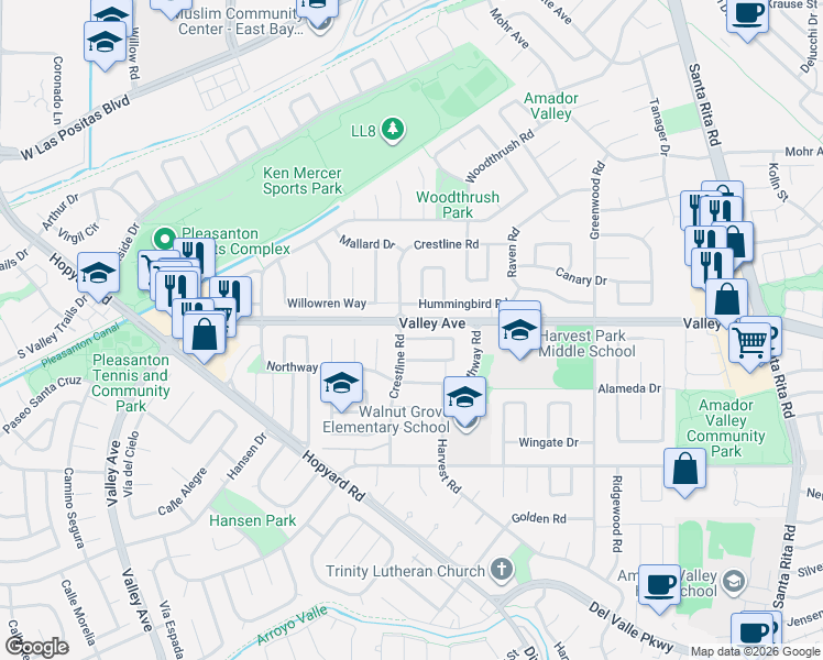 map of restaurants, bars, coffee shops, grocery stores, and more near 5230 Hummingbird Road in Pleasanton