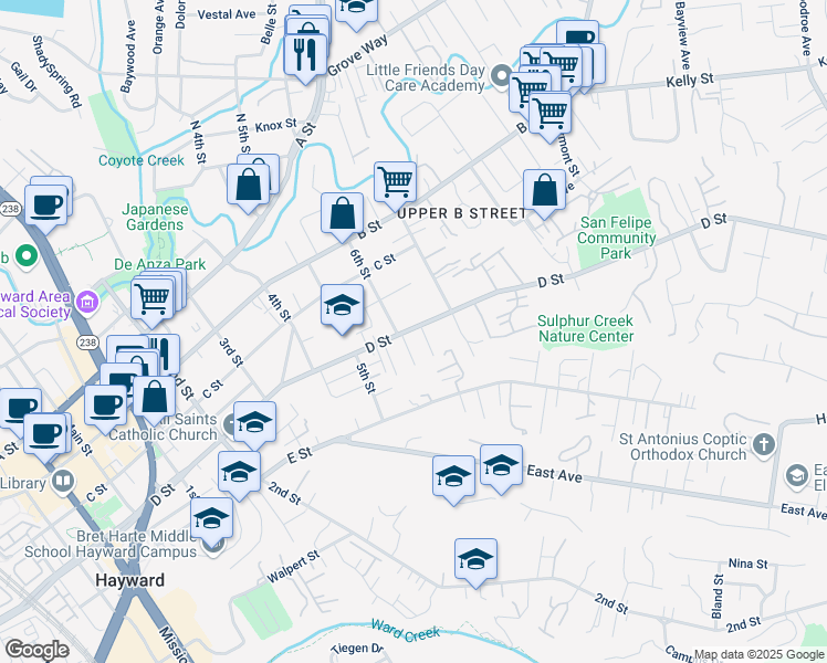 map of restaurants, bars, coffee shops, grocery stores, and more near 1624 D Street in Hayward