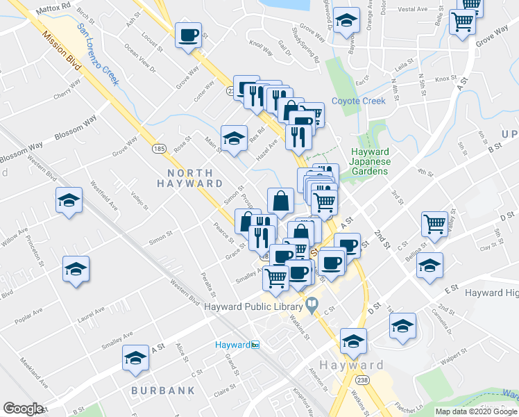 map of restaurants, bars, coffee shops, grocery stores, and more near 22237 Main Street in Hayward