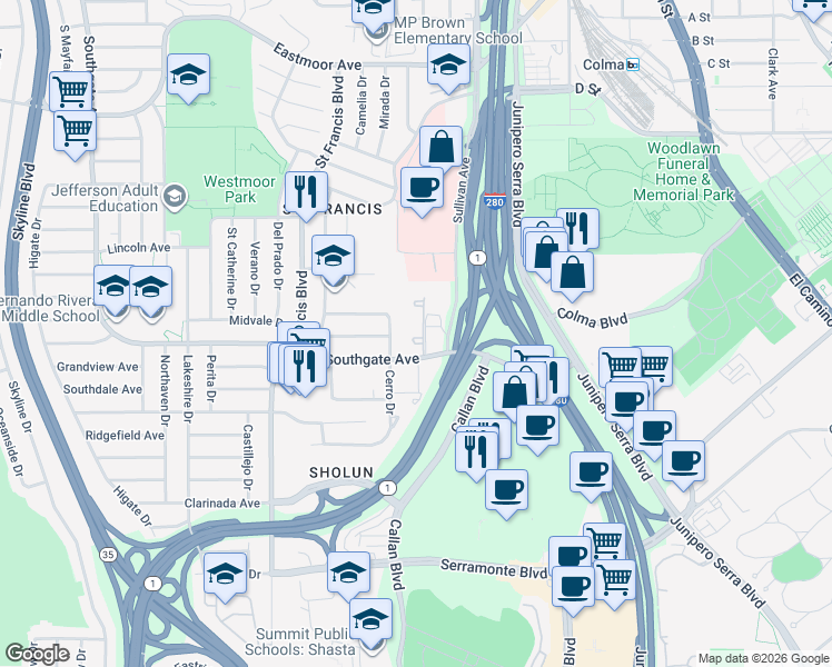 map of restaurants, bars, coffee shops, grocery stores, and more near 107 Cerro Drive in Daly City