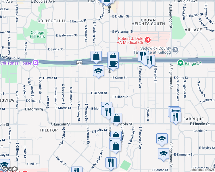 map of restaurants, bars, coffee shops, grocery stores, and more near 4701-4761 East Orme Street in Wichita