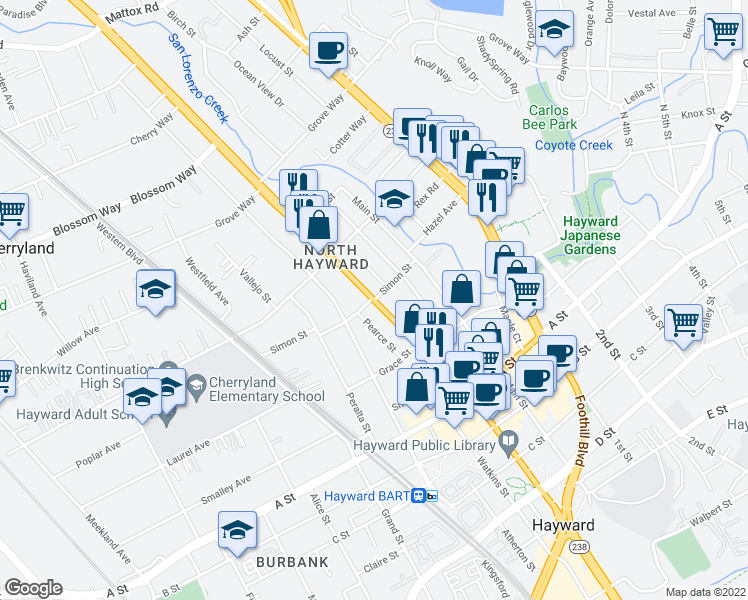 map of restaurants, bars, coffee shops, grocery stores, and more near Mission Boulevard & Simon Street in Hayward