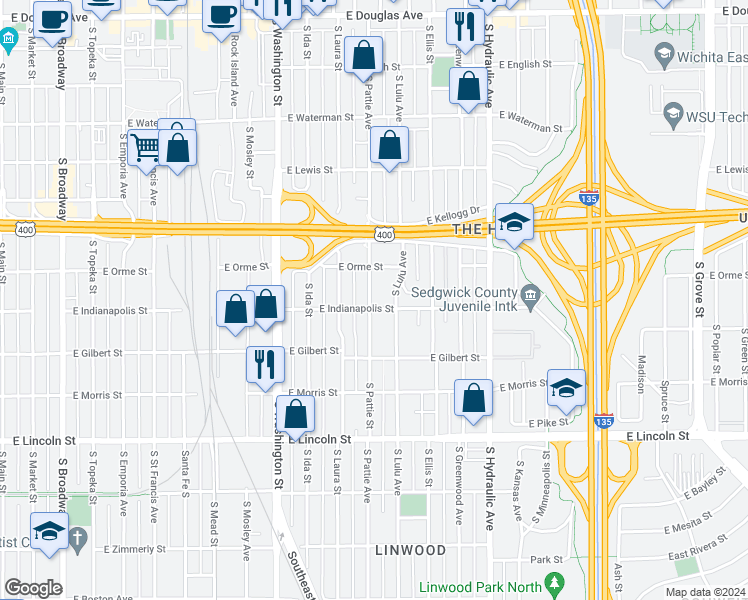 map of restaurants, bars, coffee shops, grocery stores, and more near 1314 East Indianapolis Street in Wichita