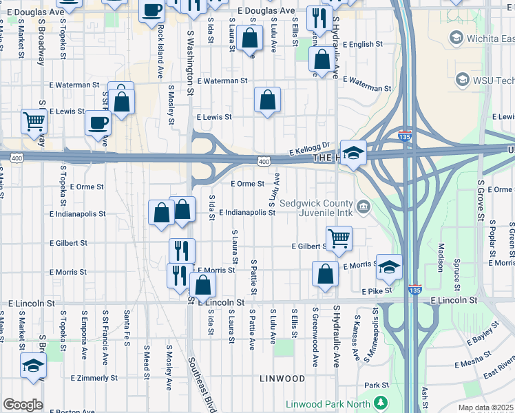 map of restaurants, bars, coffee shops, grocery stores, and more near 1316 East Indianapolis Street in Wichita