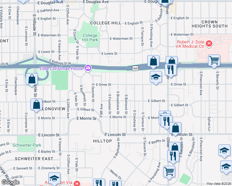 map of restaurants, bars, coffee shops, grocery stores, and more near 612 South Broadview Street in Wichita