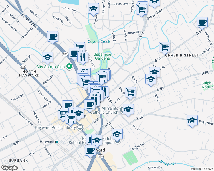 map of restaurants, bars, coffee shops, grocery stores, and more near 22526 Richard Place in Hayward