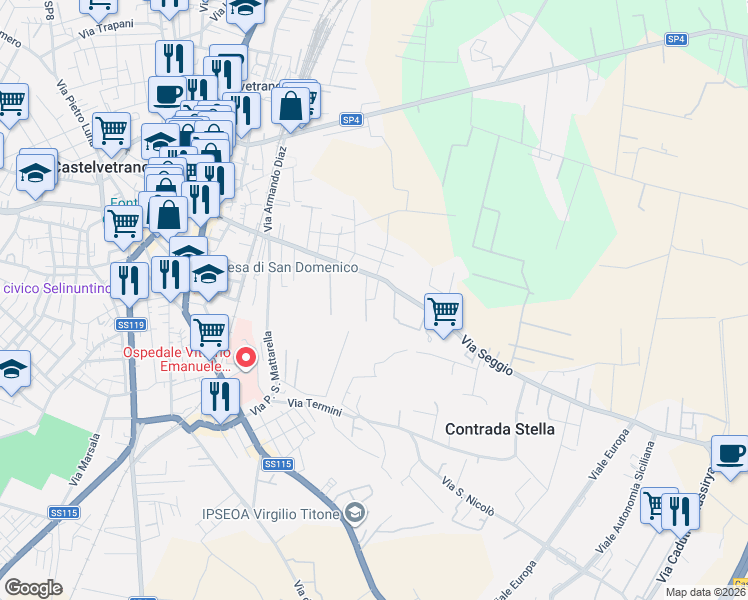 map of restaurants, bars, coffee shops, grocery stores, and more near 142 Via Seggio in Castelvetrano