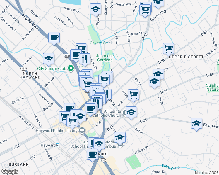 map of restaurants, bars, coffee shops, grocery stores, and more near 22526 Richard Place in Hayward