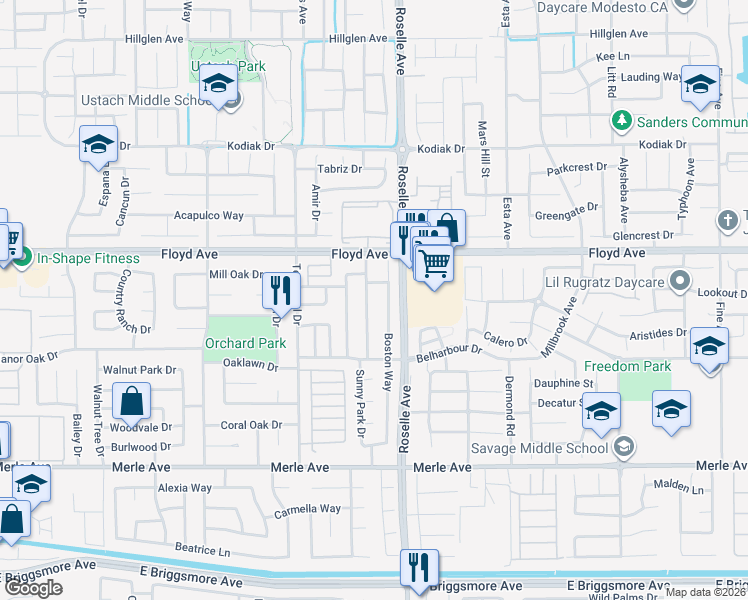 map of restaurants, bars, coffee shops, grocery stores, and more near 2417 Boston Way in Modesto