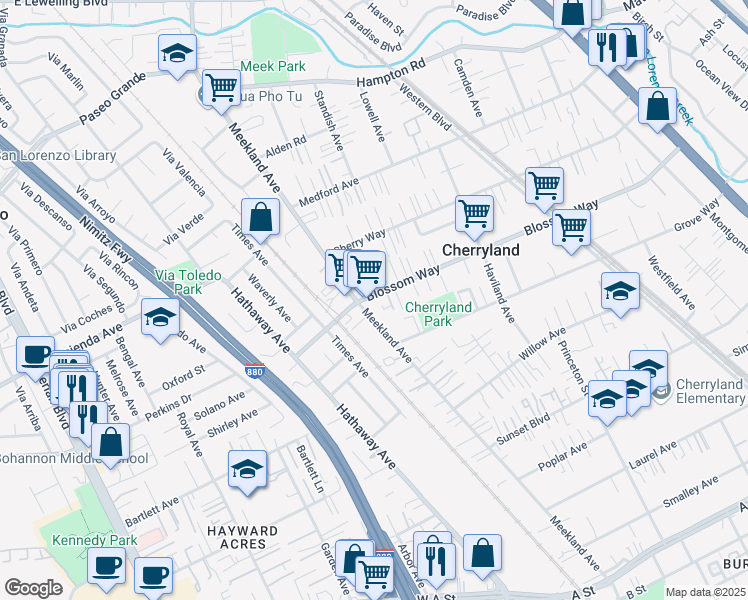 map of restaurants, bars, coffee shops, grocery stores, and more near 127 Blossom Way in Hayward