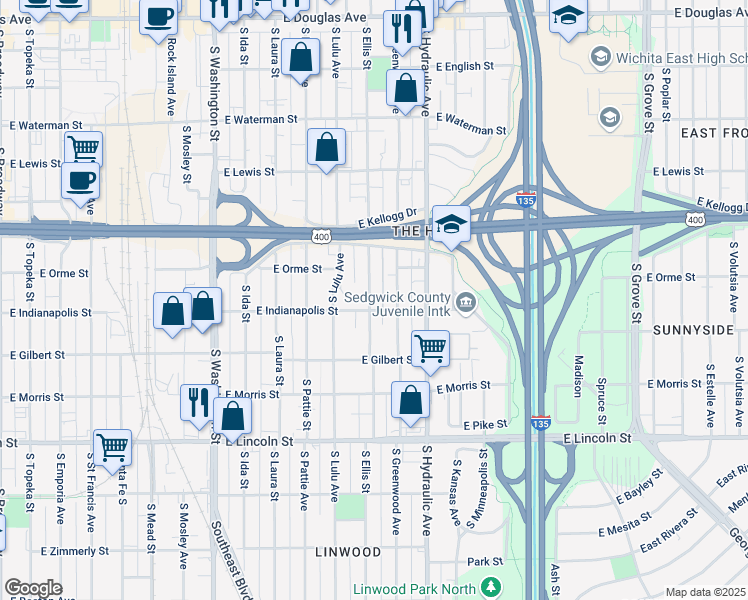 map of restaurants, bars, coffee shops, grocery stores, and more near 615 Ellis South in Wichita