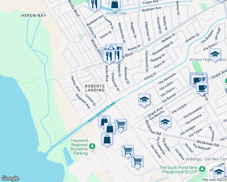 map of restaurants, bars, coffee shops, grocery stores, and more near 15664 Wicks Boulevard in San Leandro