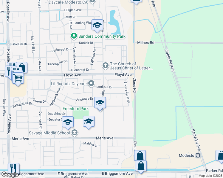 map of restaurants, bars, coffee shops, grocery stores, and more near 2517 Albatros Drive in Modesto