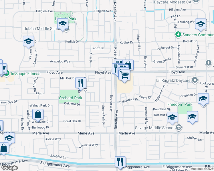 map of restaurants, bars, coffee shops, grocery stores, and more near 2417 Boston Way in Modesto