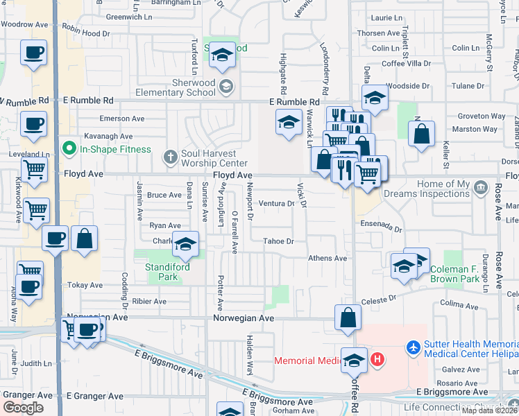 map of restaurants, bars, coffee shops, grocery stores, and more near 929 Ventura Drive in Modesto