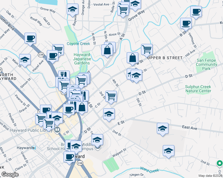 map of restaurants, bars, coffee shops, grocery stores, and more near 1375 B Street in Hayward