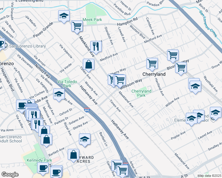 map of restaurants, bars, coffee shops, grocery stores, and more near 19759 Meekland Avenue in Hayward