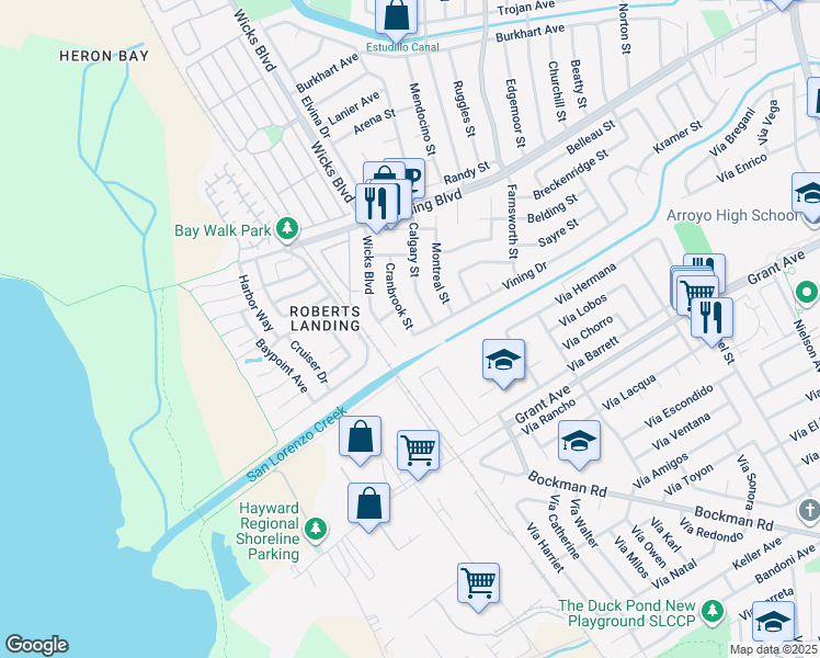 map of restaurants, bars, coffee shops, grocery stores, and more near 15660 Cranbrook Street in San Leandro