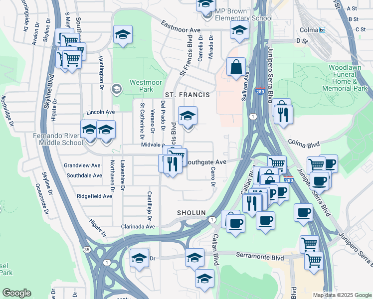 map of restaurants, bars, coffee shops, grocery stores, and more near 4 Cerro Drive in Daly City