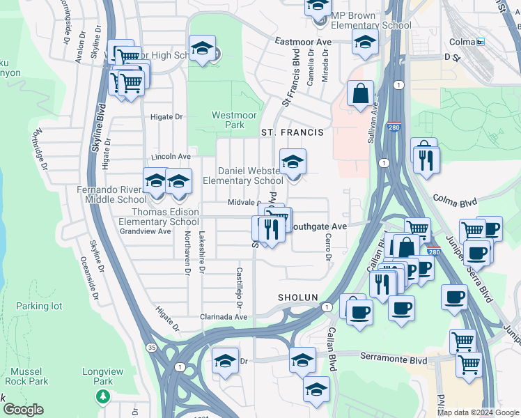 map of restaurants, bars, coffee shops, grocery stores, and more near 468 Saint Francis Boulevard in Daly City