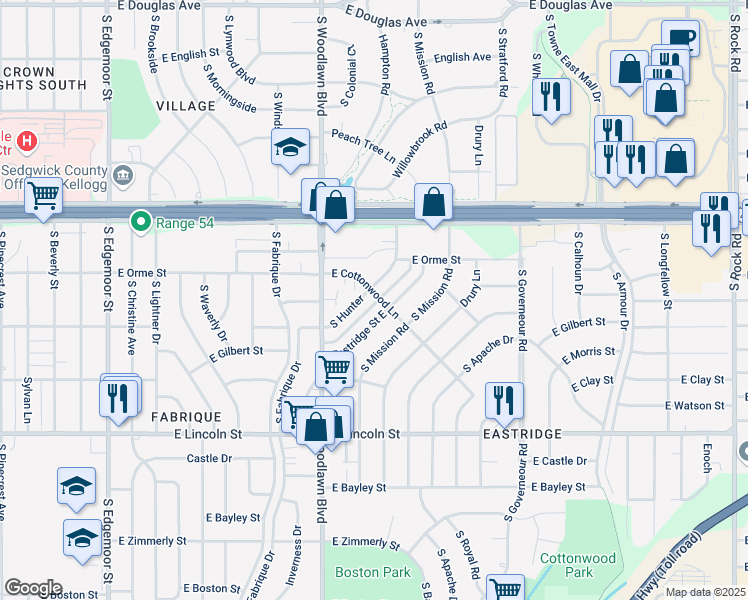 map of restaurants, bars, coffee shops, grocery stores, and more near 633 South Hunter in Wichita
