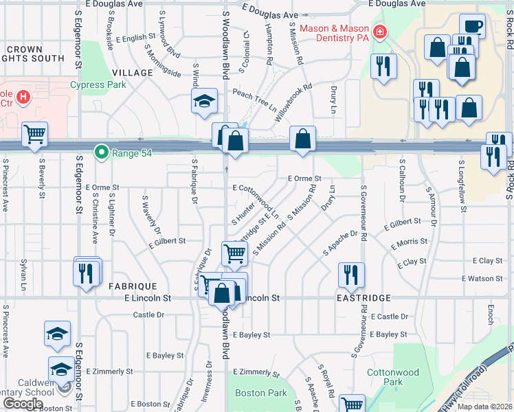map of restaurants, bars, coffee shops, grocery stores, and more near 633 South Hunter in Wichita